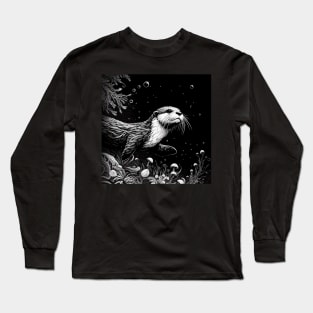 Monochromatic Outline Otter Swimming Underwater Long Sleeve T-Shirt